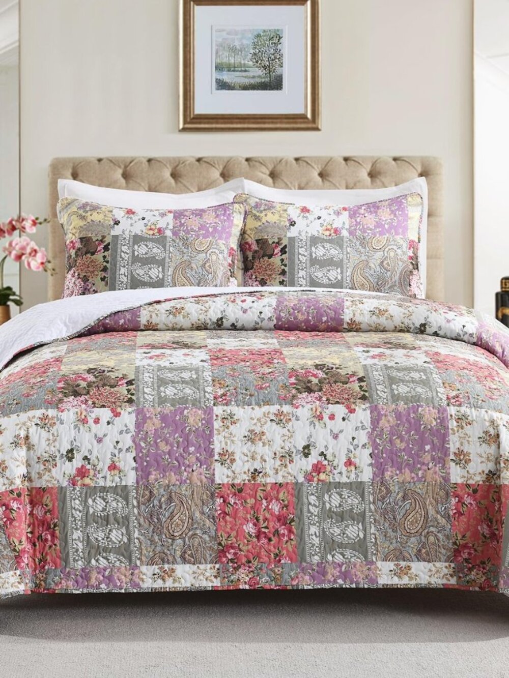 Quilt Set Queen Size, 3 Pieces Bedspread Coverlet Plaid Patchwork Quilt